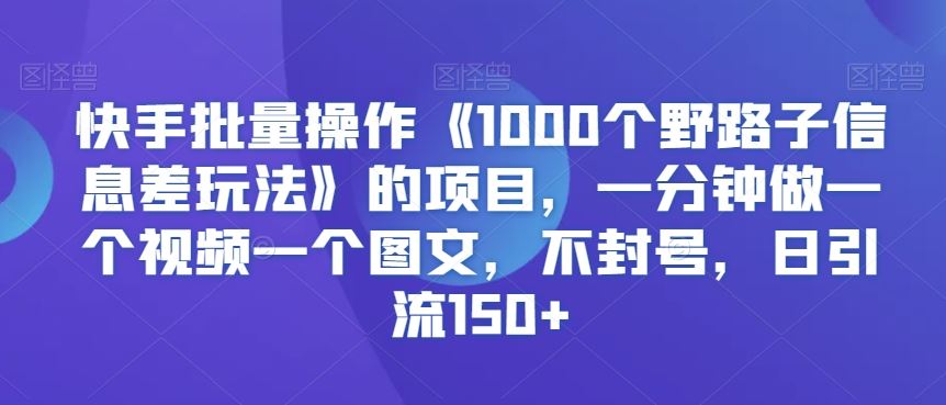 快手批量操作《1000个野路子信息差玩法》的项目，一分钟做一个视频一个图文，不封号，日引流150+【揭秘】-专享资源网