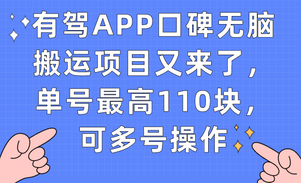 有驾APP口碑无脑搬运项目又来了，单号最高110块，可多号操作-专享资源网