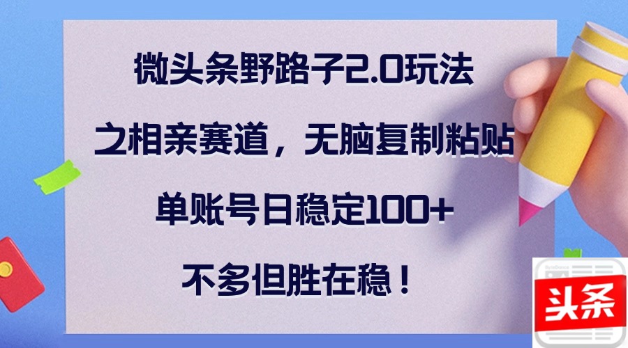 微头条野路子2.0玩法之相亲赛道，无脑复制粘贴，单账号日稳定100+，不…-专享资源网