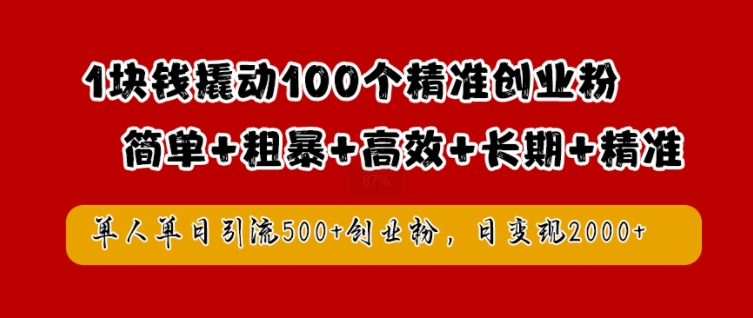 1块钱撬动100个精准创业粉，简单粗暴高效长期精准，单人单日引流500+创业粉，日变现2k【揭秘】-专享资源网